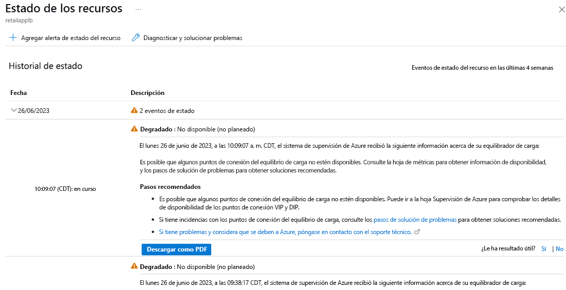 Captura de pantalla de la página Estado de los recursos que muestra el historial de estado, como la fecha, el número de eventos de estado, el estado, la descripción y los pasos recomendados.