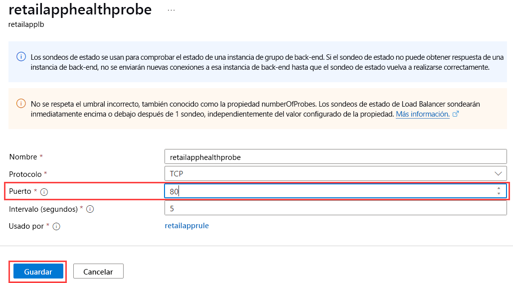 Captura de pantalla de la página **retailapphealthprobe** que muestra el número de Puerto actualizado a 80.