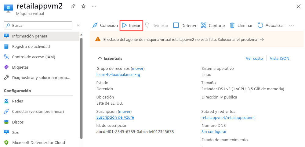 Captura de pantalla que muestra la página de información general de la máquina virtual *retailappvm2* con el botón Inicio resaltado.