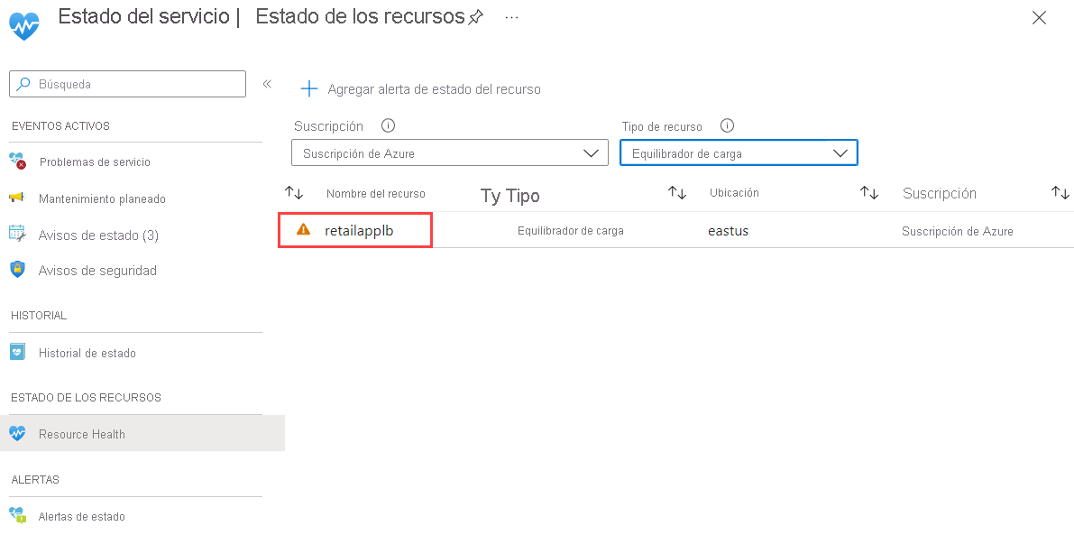 Captura de pantalla de la página Estado del servicio - Estado de los recursos que muestra retailapplb seleccionado.