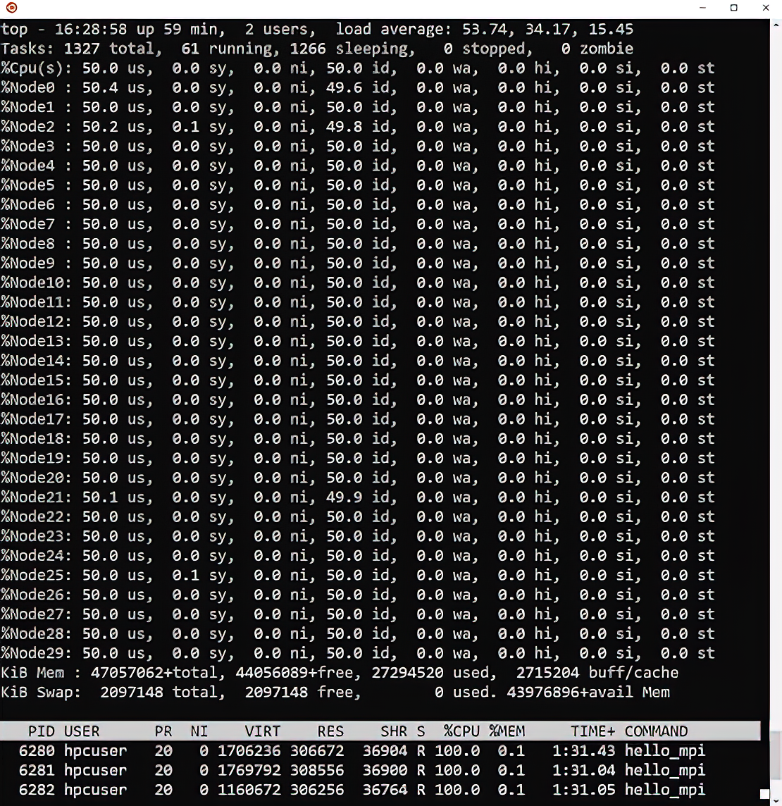 Captura de pantalla en la que se muestra la salida NUMA del comando top de Linux.