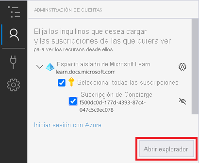 Captura de pantalla en la que se muestra el panel de administración de cuentas después de iniciar sesión en una cuenta de Azure.