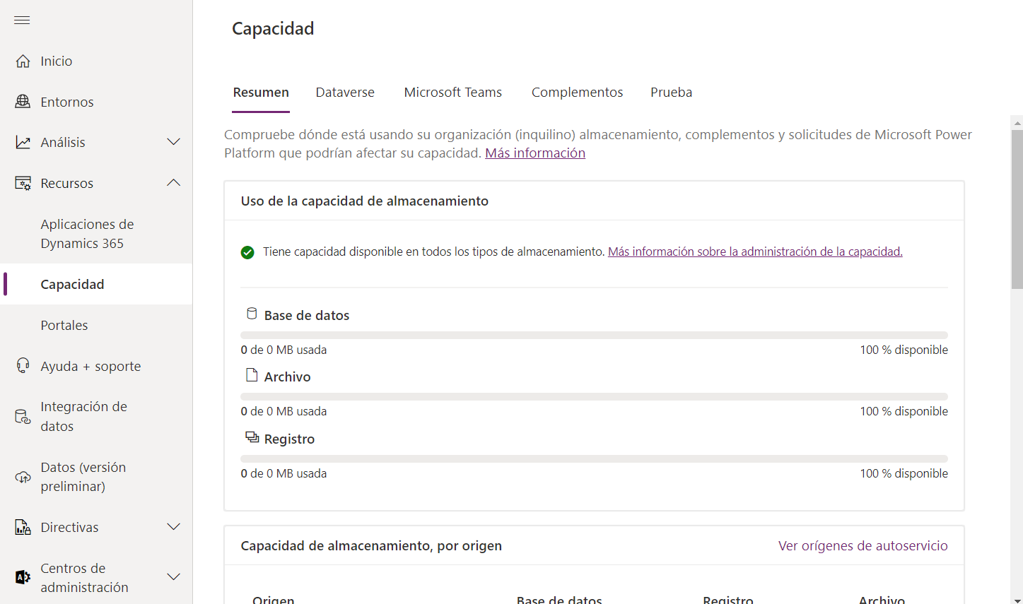 Captura de pantalla del resumen de capacidad de almacenamiento en Dataverse.