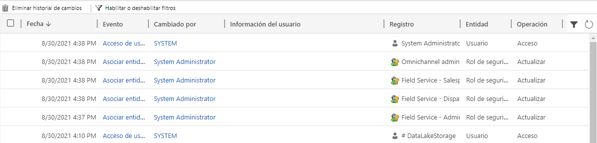 Captura de pantalla de la cuadrícula de datos de los datos de auditoría resultantes