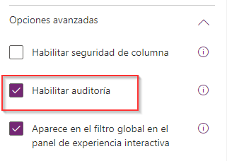 Captura de pantalla de la casilla Habilitar auditoría en una definición de tabla