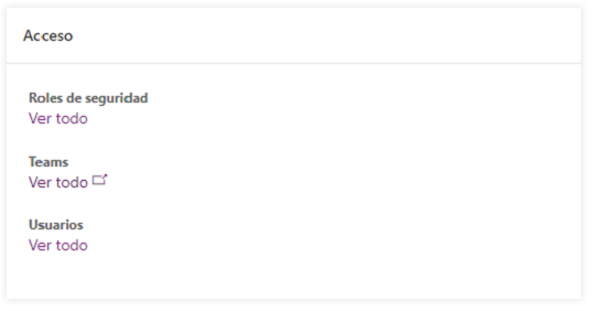 Personalizaciones avanzadas que muestran una lista Acceso que incluye roles de seguridad, equipos y aplicaciones S2S, cada uno con un vínculo Ver todo.