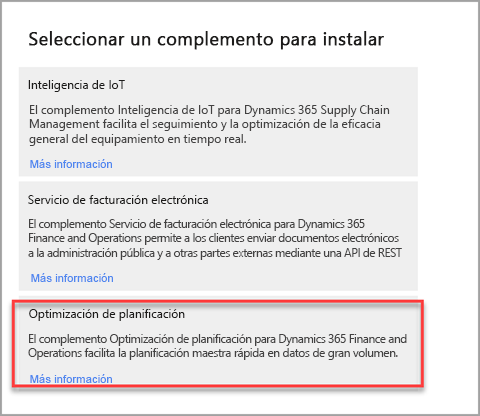 Captura de pantalla de la página Seleccionar un complemento para su instalación