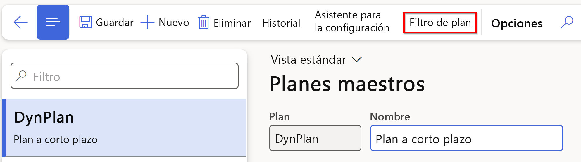 Captura de pantalla de la página Planes maestros en la que se destaca la pestaña Filtro de plan.