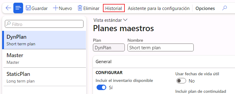 Captura de pantalla de la página Historial de planes maestros.