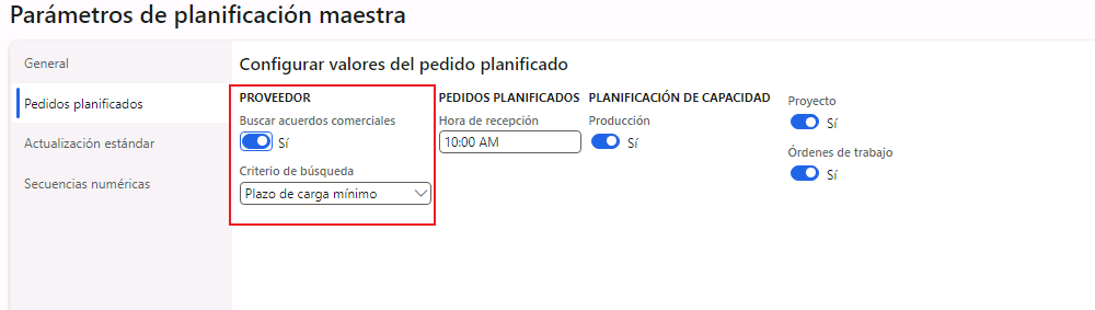  Captura de pantalla de la página Parámetros de planificación maestra