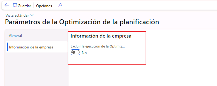  Captura de pantalla de la página de parámetros de optimización de planificación para información de la empresa.