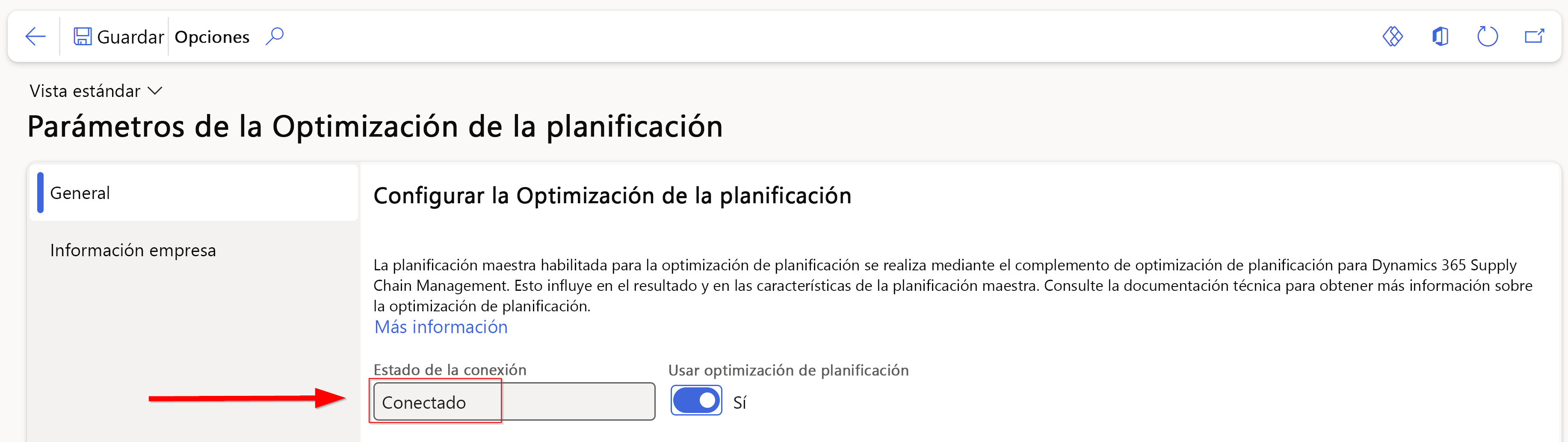  Captura de pantalla de la página Parámetros de Optimización de planificación