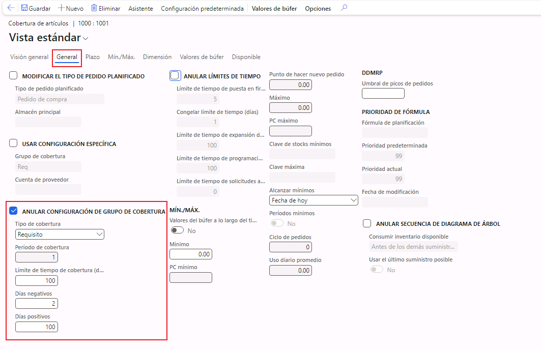 Captura de pantalla del campo Anular configuración del grupo de cobertura.