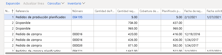 Captura de pantalla de la vista de expansión del pedido de producción planificado.