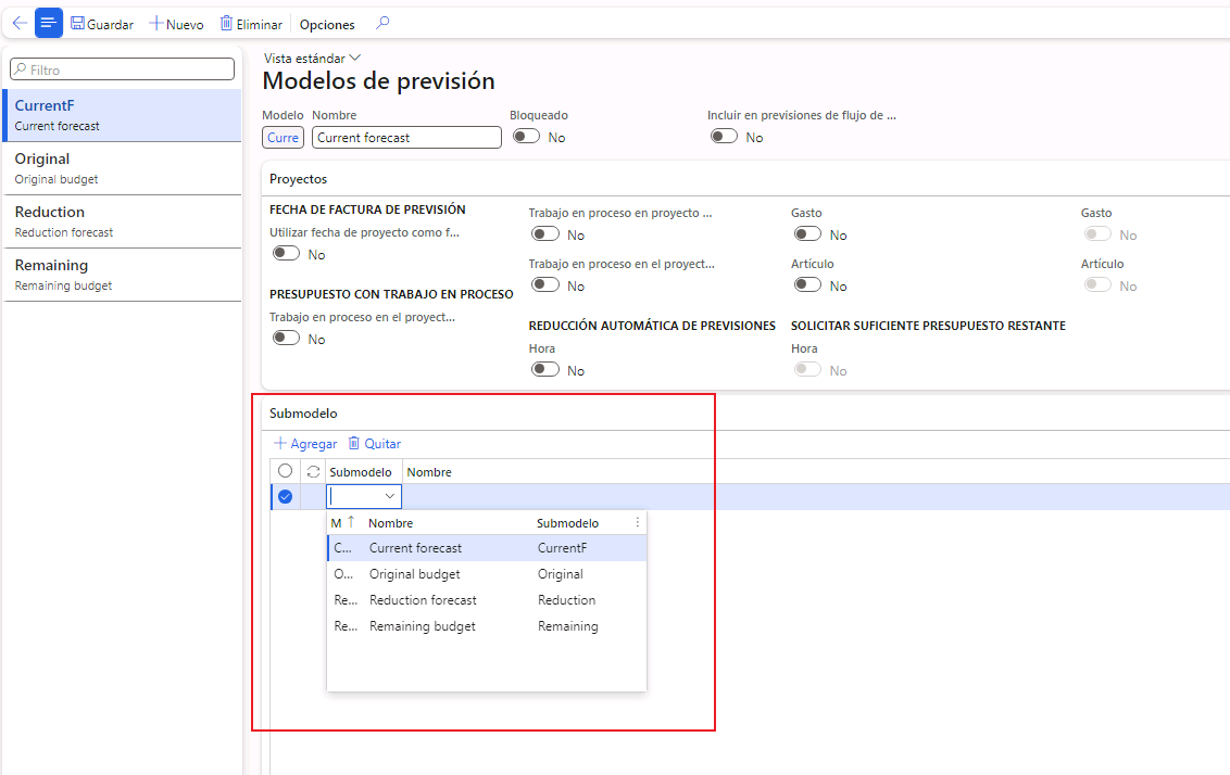 Captura de pantalla de los submodelos en la página Modelos de previsión