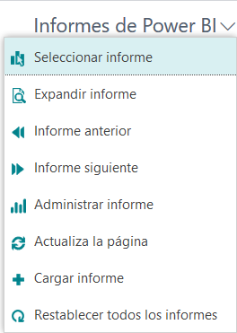 Captura de pantalla del menú desplegable de informes de Power BI.