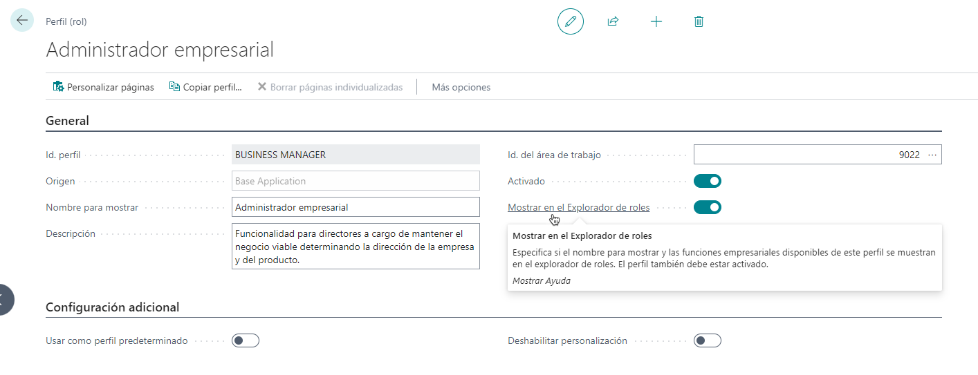 Captura de pantalla de la configuración de perfil con Mostrar en el Explorador de roles habilitado.