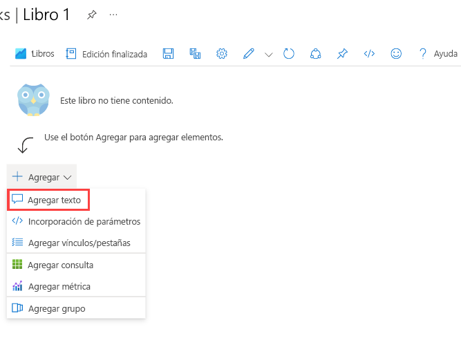 Captura de pantalla donde se muestra el botón Agregar texto en un libro de Azure