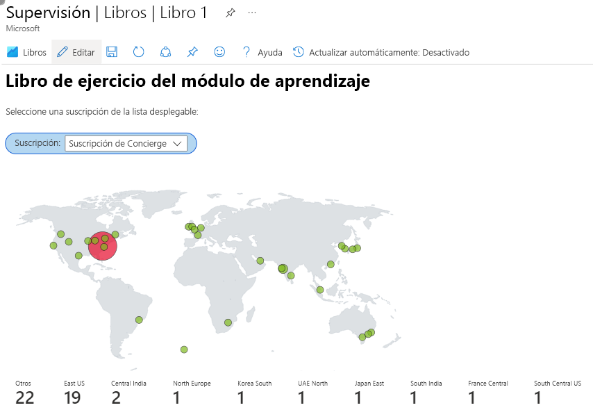 Captura de pantalla donde se muestra un libro de Azure con un mapa que muestra los recursos de una suscripción