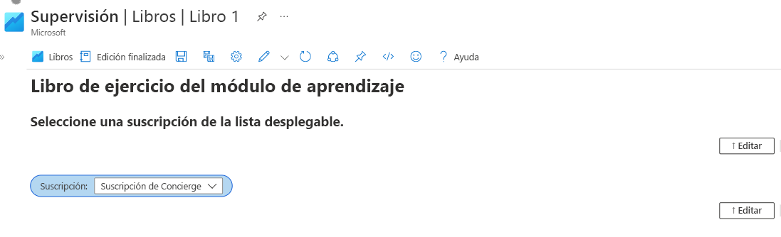 Captura de pantalla donde se muestra un libro de Azure con una lista desplegable del selector de suscripciones