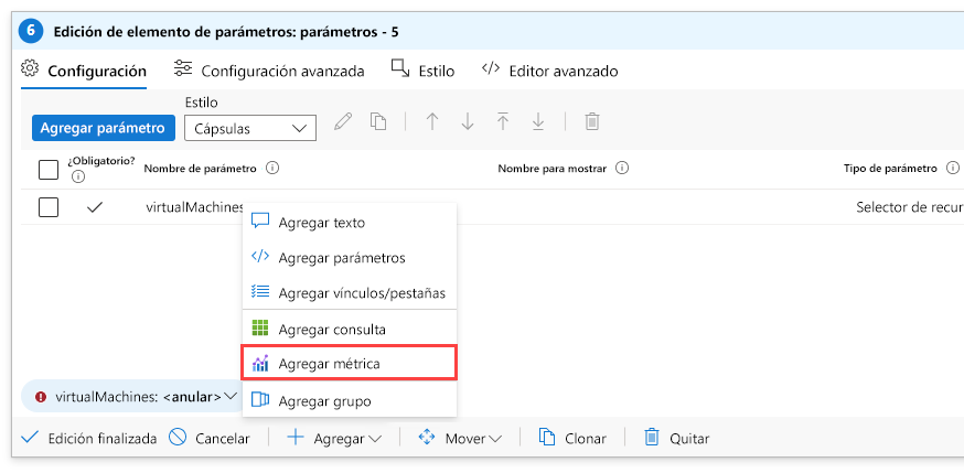 Screenshot that shows adding a metric to an Azure workbook.