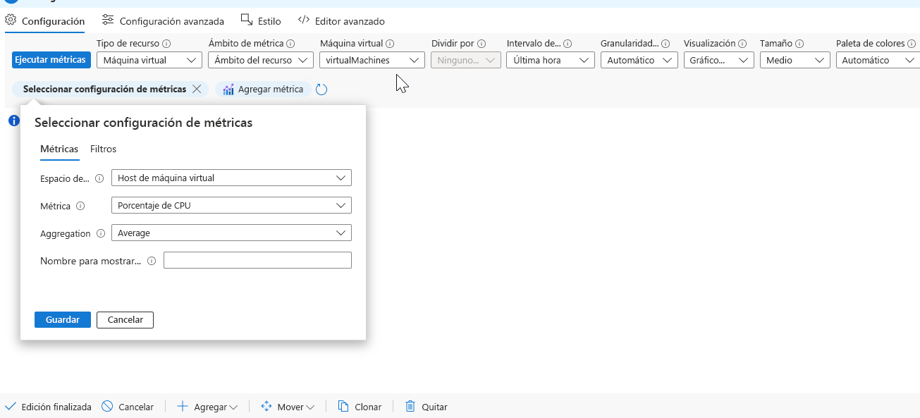 Screenshot that shows the percentage CPU metric setting in a Workbook.