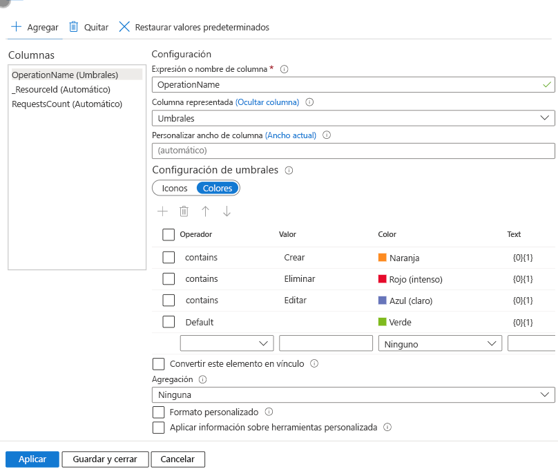 Screenshot that shows setting the colors in a grid in Azure Workbooks.