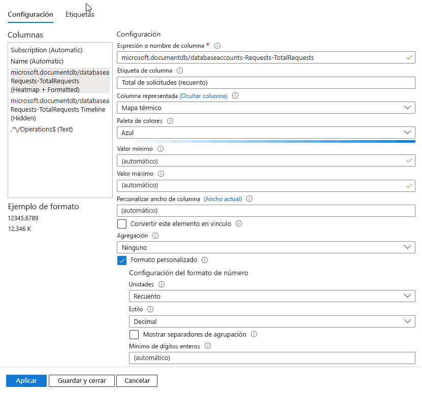 Screenshot that shows setting the colors in a grid using the heatmap setting in Azure Workbooks.