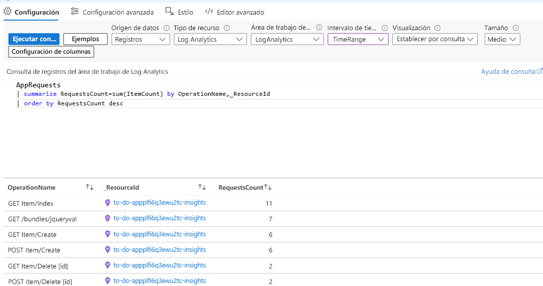 Screenshot that shows a query for the number of requests to a web app in an Azure Workbooks.