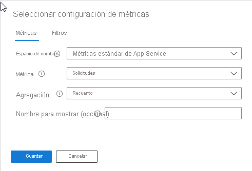 Screenshot that shows the metric settings for the number of requests made to a web app in Azure Workbooks.