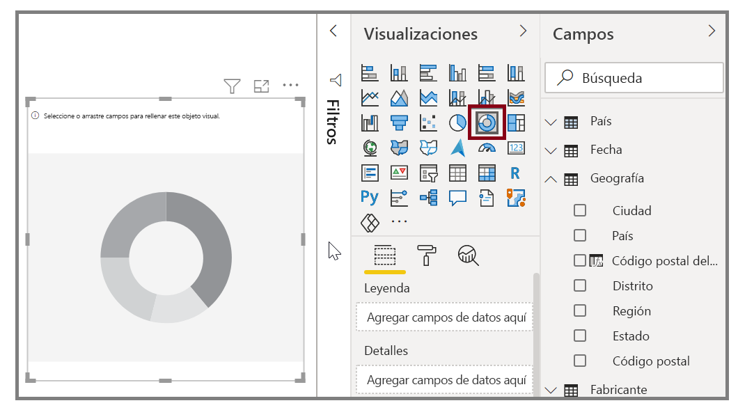 Captura de pantalla de un objeto visual seleccionado en el panel Visualizaciones