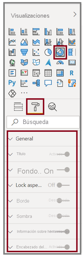 Imagen de un botón de objeto visual en el panel Visualizaciones y sus opciones de formato.