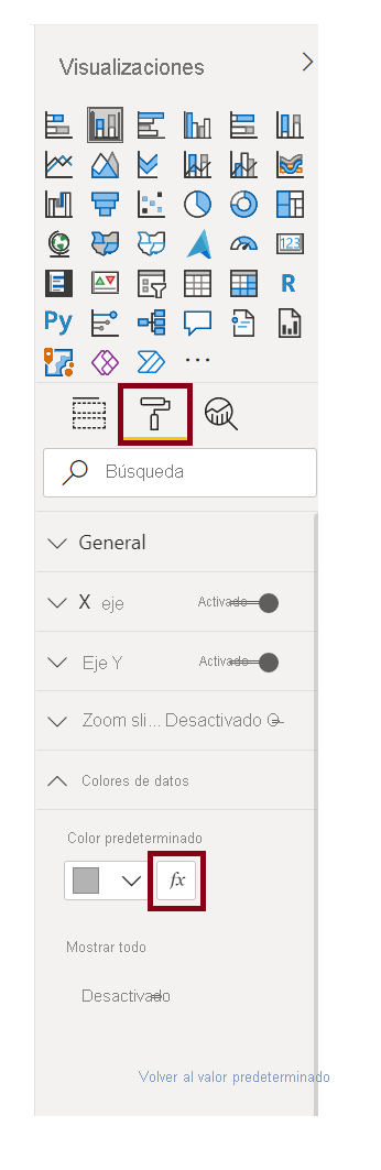 Imagen de la opción Formato condicional debajo del panel Visualizaciones