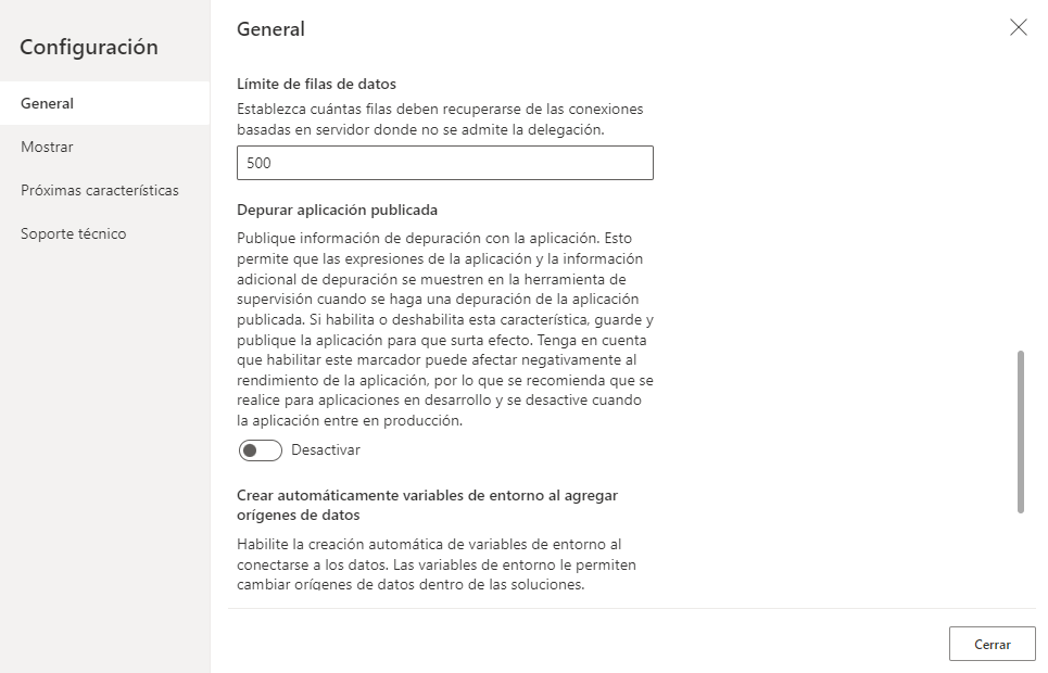 Captura de pantalla de la configuración avanzada de Power Apps con el límite de la fila de datos establecido.