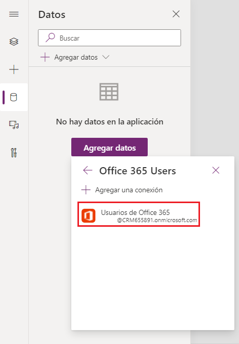 Captura de pantalla de la ventana de agregar datos con Usuarios de Office 365 seleccionado