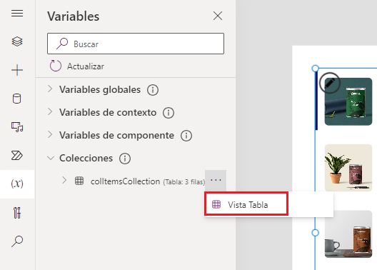 Captura de pantalla que muestra el menú Variables con la opción Colecciones expandida y el botón Ver tabla resaltado