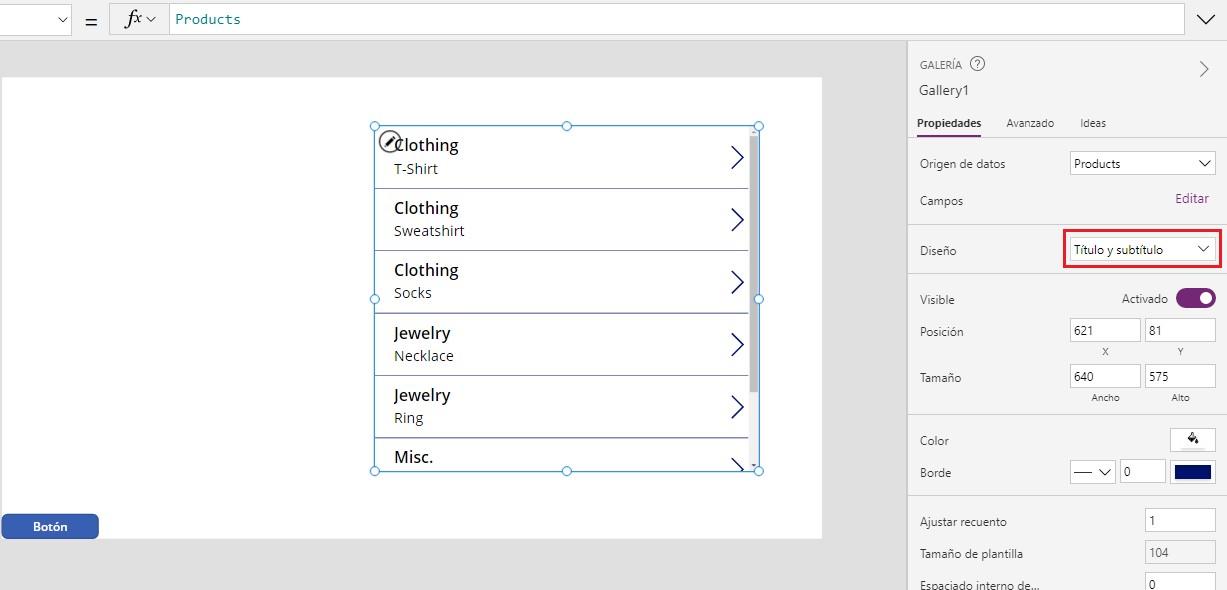 Captura de pantalla de la configuración de Diseño de galería