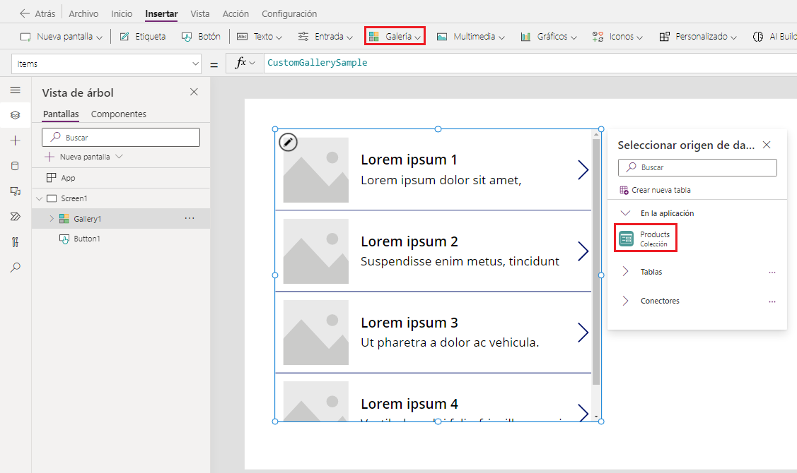 Captura de pantalla de insertar la galería y seleccionar Productos