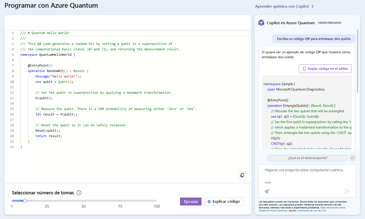 Captura de pantalla de Copilot en Azure Quantum en la que se muestra un ejemplo y la respuesta de Copilot a una pregunta para generar código nuevo.