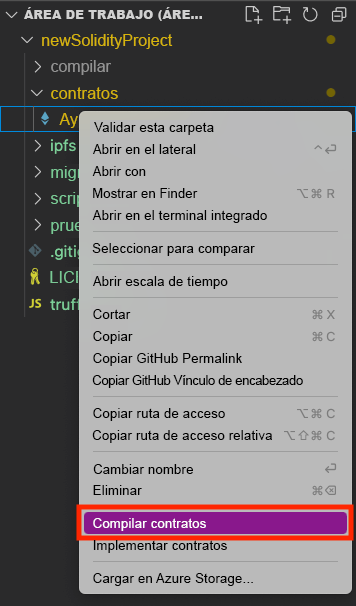 Captura de pantalla que muestra el panel Explorador. En el archivo de contrato seleccionado, el comando Build Contracts (Compilar contratos) está seleccionado.