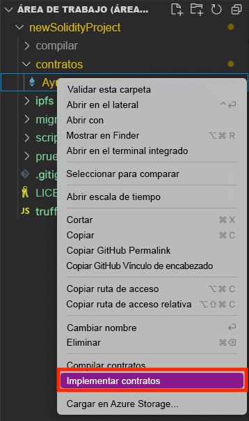 Captura de pantalla que muestra el panel Explorador. En el menú contextual, el comando Deploy Contracts (Implementar contratos) está seleccionado.