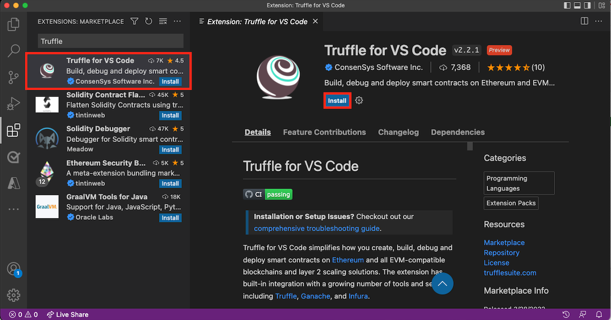 Captura de pantalla que muestra cómo instalar la extensión Truffle para VS Code.