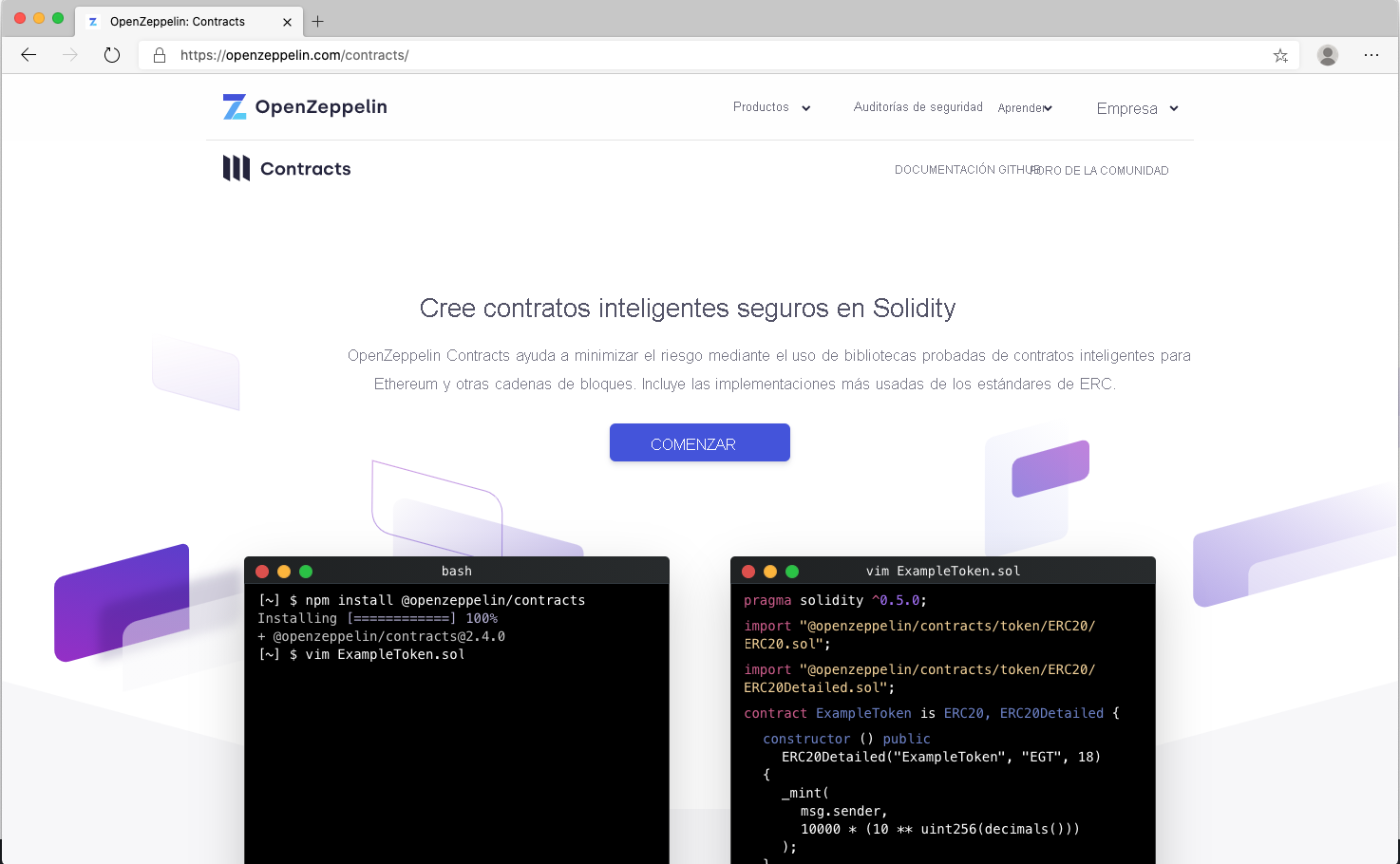 Captura de pantalla de la página web de contratos de OpenZeppelin.