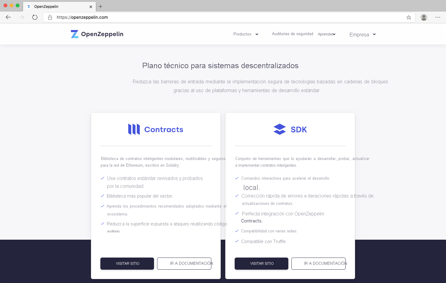 Captura de pantalla de un explorador web abierto en la página principal de OpenZeppelin, con un resumen de los productos Contratos y SDK.
