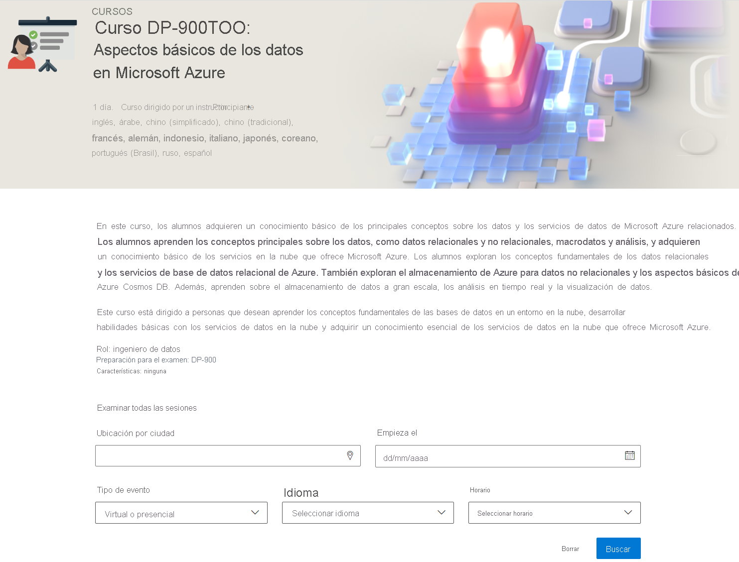 Captura de pantalla de la página de detalles de Microsoft Azure Data Fundamentals (Curso DP-900T00), en el que se muestra el Programador de ILT.