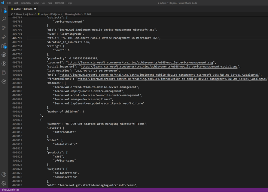 Captura de pantalla de la salida de la API de catálogo de Learn en Visual Studio Code.