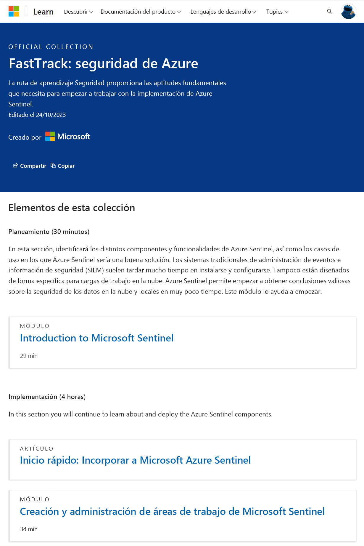 Captura de pantalla de la recopilación oficial de Seguridad de Azure de FastTrack por Microsoft