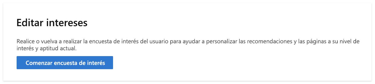 Captura de pantalla de la sección Editar intereses en la configuración del perfil de Microsoft Learn.