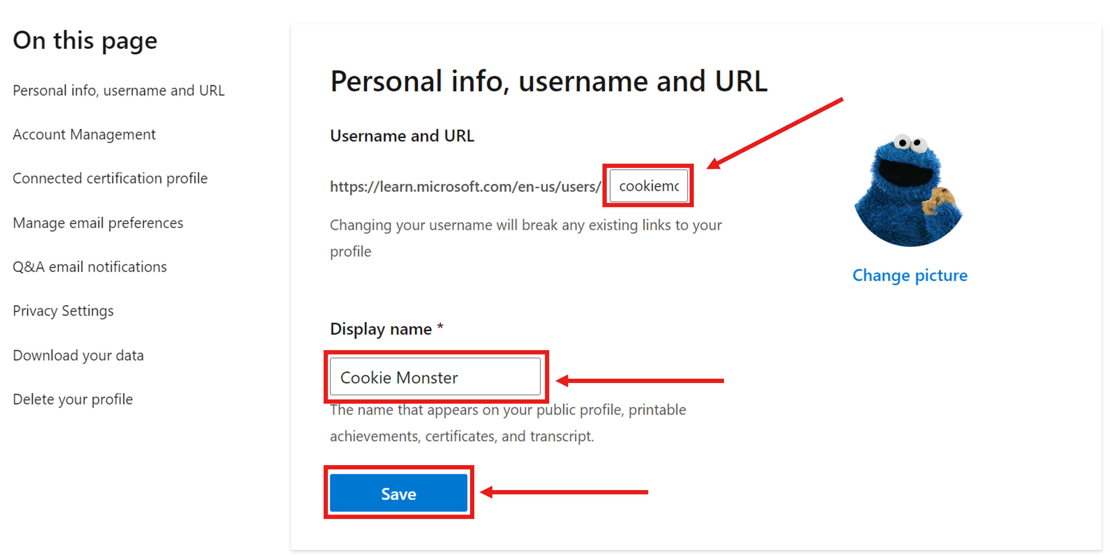 Captura de pantalla de la sección Información personal, nombre de usuario y URL de la configuración del perfil de Microsoft Learn.