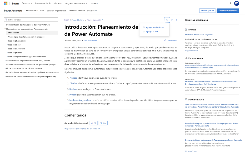 Captura de pantalla de la adición de contenido a un plan no publicado. Las nuevas acciones aparecen en todo el contenido del sitio de Learn que le permite 